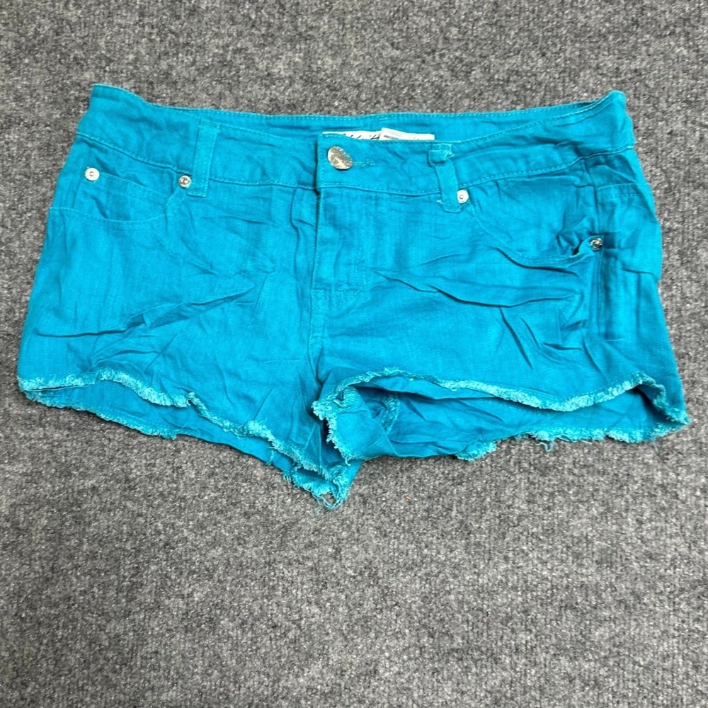 Celebrity Pink Shorts Womens Size 7 Teal Blue Denim Raw Hem Stretch Casual